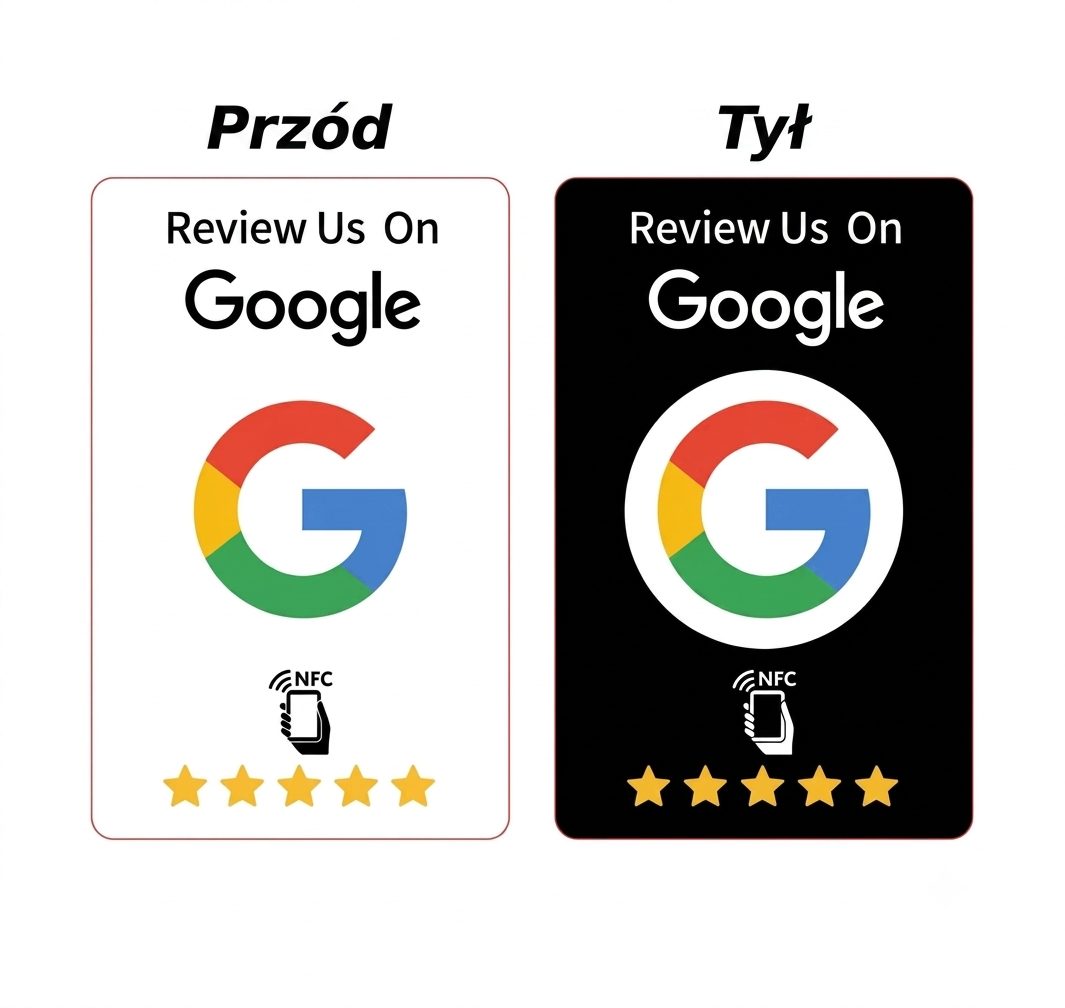 Biała i czarna karta NFC Google Review, przód i tył